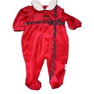 VTG Mufflings by Little Me Baby Red Velour Christmas Sleeper 3 Months Plaid Trim